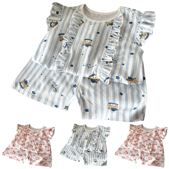 larppty Baby Girls Ruffle Sleeve 2-Piece Outfit Set, Bear/ Cherry Print Striped Short Sleeve Top & Shorts, Toddler Casual Summer Clothes for Play & Daily Wear(Red, 4-5 Years)