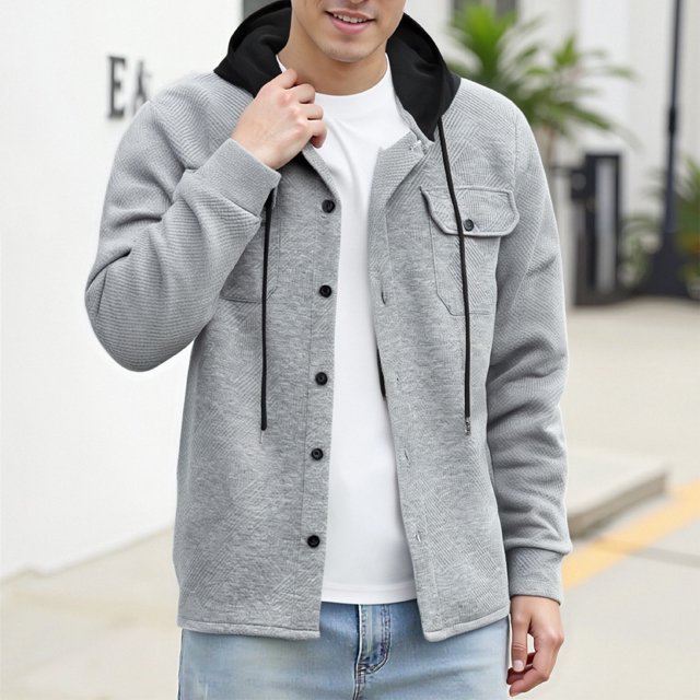 PEONAVET Mens Jacket Men's Fashionable Solid Color Long Sleeved Hooded Drawstring Pocket Button Jacket