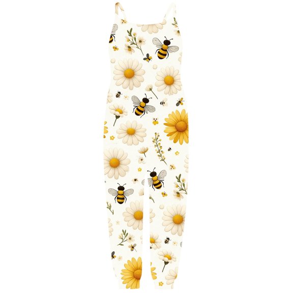 Wdgfv Girls Sleeveless Spaghetti Strap Jumpsuit, Daisy Bee Print Harem Romper for Kids Light Yellow 4-5 Years