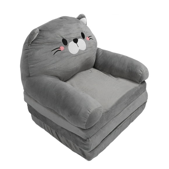 Kids Sofa Chair Plush Cute Cat Fold Out Floor Seating Cushion Armrest Sofa Bed Versatile Grey Toddler Chair for Napping Sleeping Reading