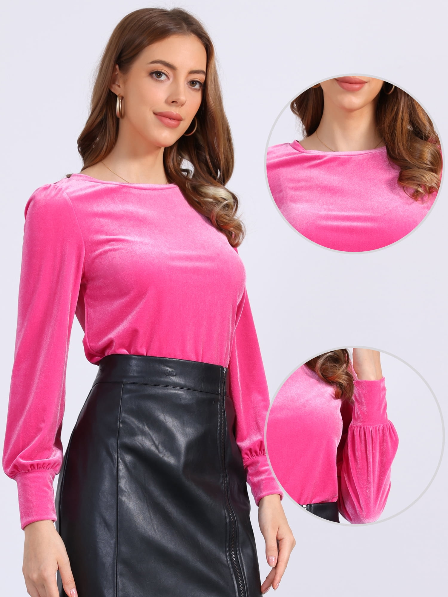 DARING DIVA Women's Velvet Crew Neck Puff Long Sleeve Blouses S Hot Pink