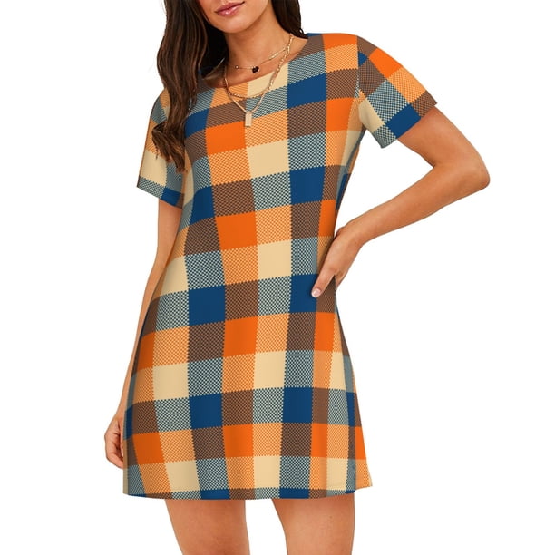 Fotbe Warm Orange Plaid Bata de Dormir para Mujer con Estampado, Camisón de Algodón de Manga Corta, Ropa de Dormir Casual