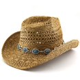 thumbnail image 7 of oqasdz Women Hollow Woven Straw Cowboy Hat Wide Curved Brim Chain Band Decor Breathable Sun Hat for Outdoor Ladies Fashion Headwear, 7 of 7
