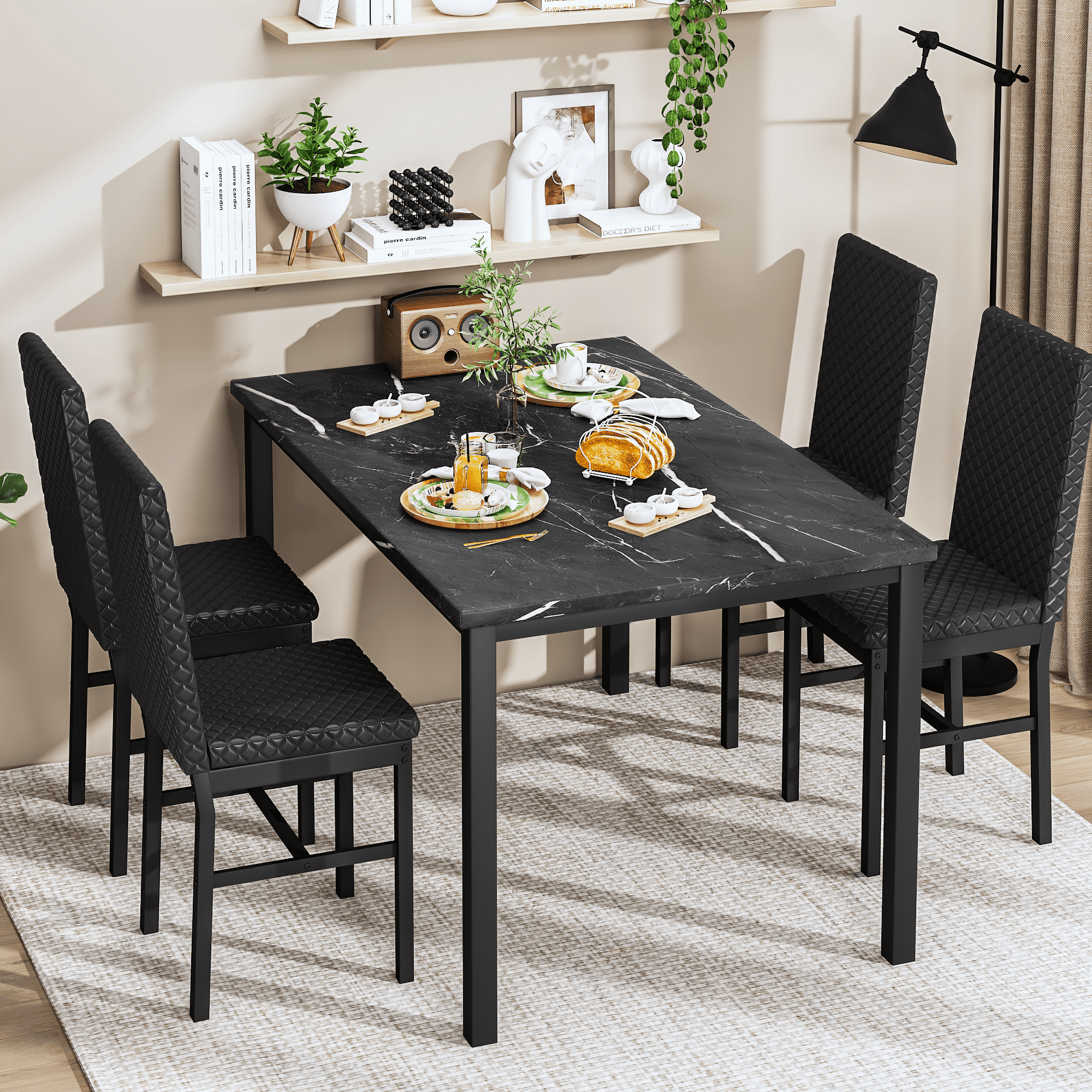 Baxluxe Dining Table Set for 4, Modern 5 Piece Dining Table Set, Faux Marble Kitchen Table and 4 Velvet Upholstered Chairs for Apartments, Dining Rooms, Small Spaces, Black