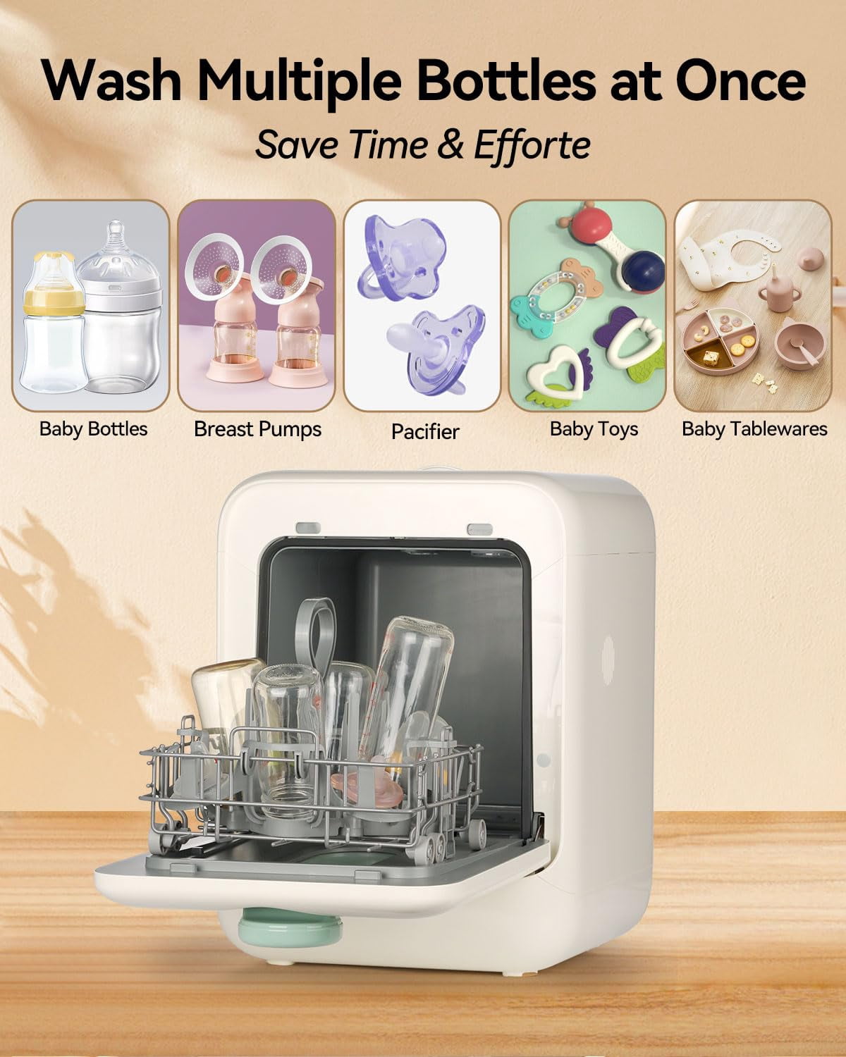 Baby Bottle Washer and Sterilizer and Dryer, 131-167°F High Temperature Sterilize for Baby Stuff, 3.2L Water Tank to Clean Bottles, Pump Part &Pacifiers&Bowl, Newborn Parents One-Hand Operation
