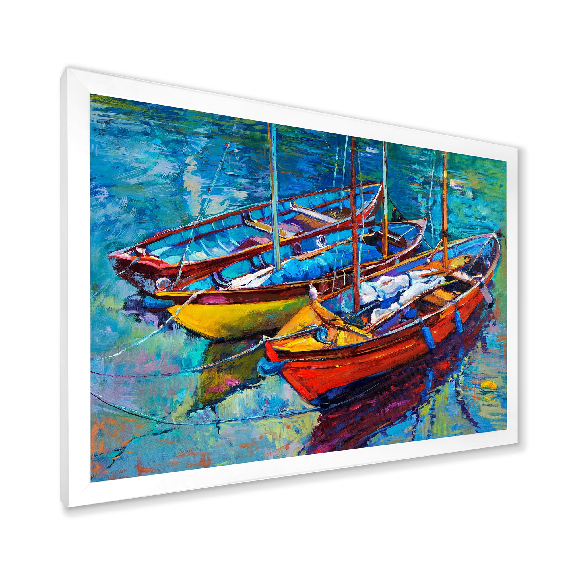 Designart 'Three Colorful Boats In The Harbor' Nautical & Coastal Framed Art Print