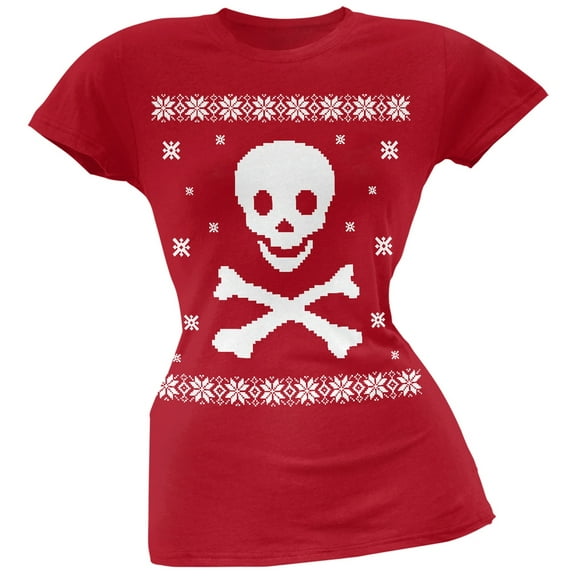 Big Skull & Crossbones Ugly Christmas Sweater Red Soft Juniors T-Shirt - X-Large