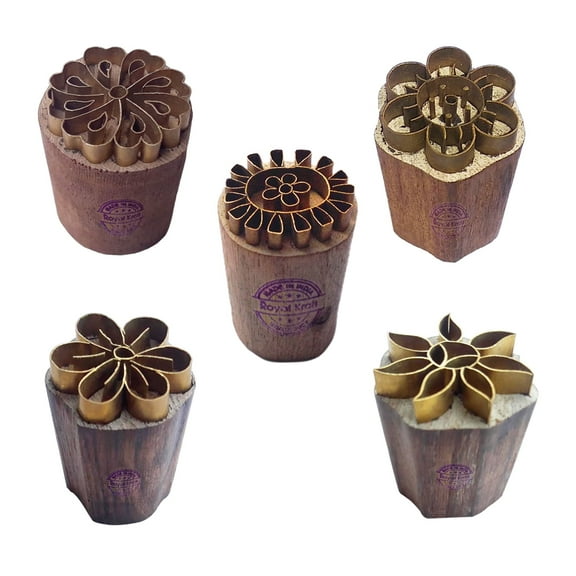 Royal Kraft Floral Brass Wooden Printing Stamps (Set of 5) - DIY Fabric, Clay, Pottery Blocks BHtag0020