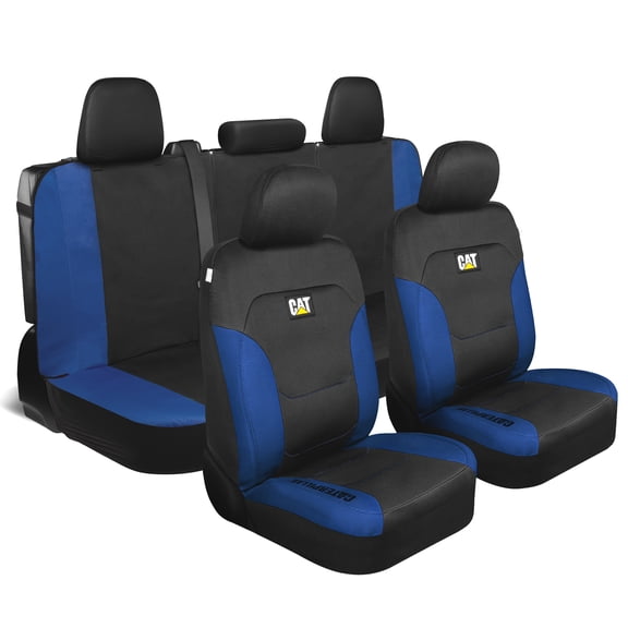 CAT Black & Blue Car Seat Covers Full Set - Front Seat Covers & Rear Bench Seat Cover - Airbag Compatible, 60/40 Split Bench for Trucks, Cars & SUVs - Automotive Interior Seat Protection Accessories