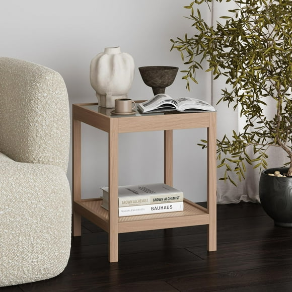 Nathan James Hayes Bohemian Glass End Table, Solid Wood Side Table, Rattan End Table with Storage, Raw Oak