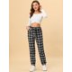 thumbnail image 3 of Allegra K Pantalones A Cuadros De Mujer Pantalones De Chándal De Cintura Alta Elásticos Con Cinturón De Pajarita Negro S, 3 of 5