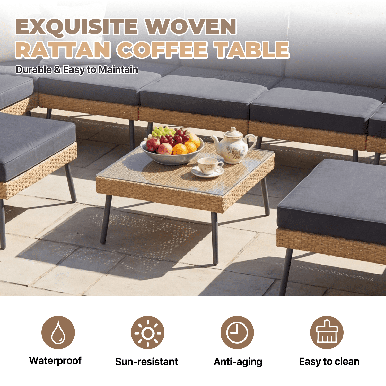 BaPiPro 13-Piece Outdoor PE Rattan Sectional Sofa Set, All-Weather Patio Conversation Set with Cushions & Tempered Glass Coffee Table, Suitable for Courtyard, Backyard and Garden, Black
