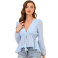 thumbnail image 1 of Top de gasa transparente Allegra K con mangas largas y cuello en V profundo Azul claro S, 1 of 6