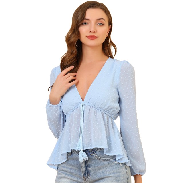 Top de gasa transparente Allegra K con mangas largas y cuello en V profundo Azul claro S