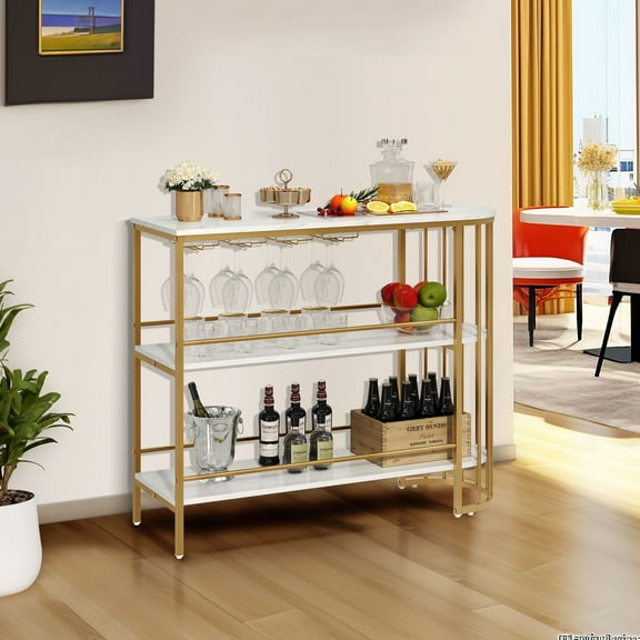 DEXTRUS 3 Tier Home Bar Unit, 47" Mini Bar Cabinet with Wine Racks & Adjustable Foot, White