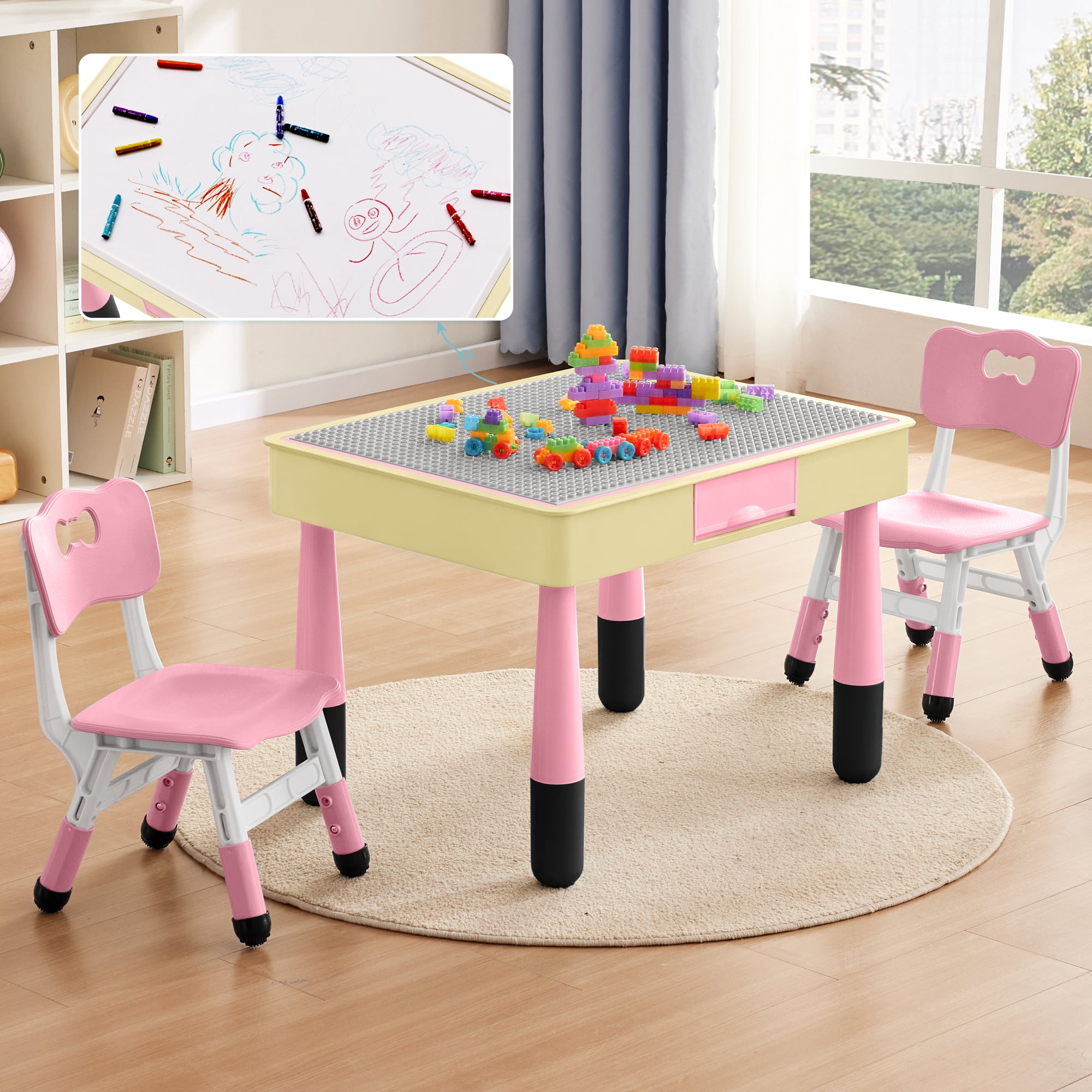 DOREROOM Kids 3-Piece Storage Activity Table and Chair Set, Pink