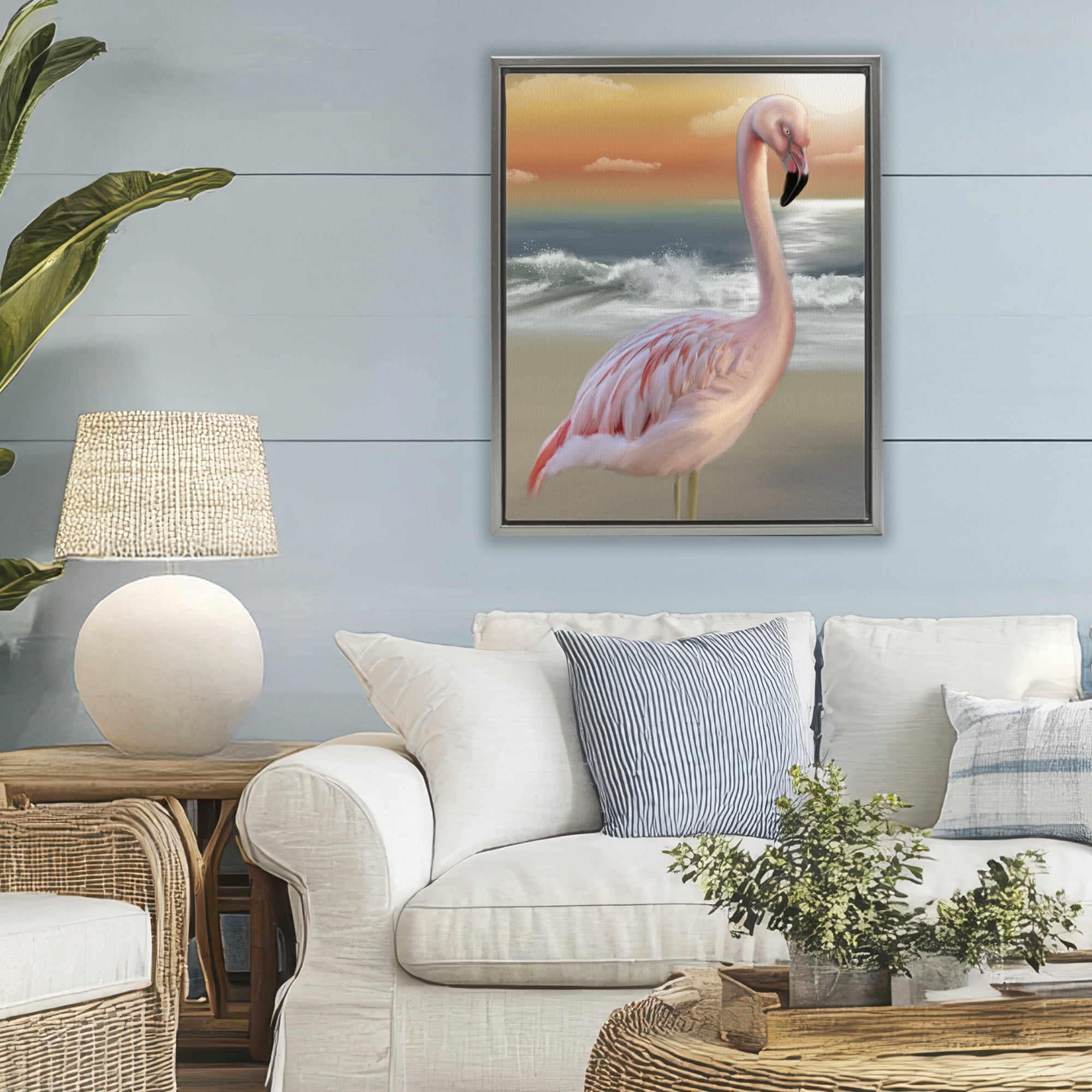 Stupell Industries Coastal Beach Flamingo Gray Framed Floater Canvas Wall Art, design by Matthew Piotrowicz