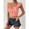 thumbnail image 2 of Women Top Bow Knot Front Neck Sleeveless Top Ruffle Rib Knit Slim Blouse Pure Color Blouse Dusty Pink M, 2 of 6