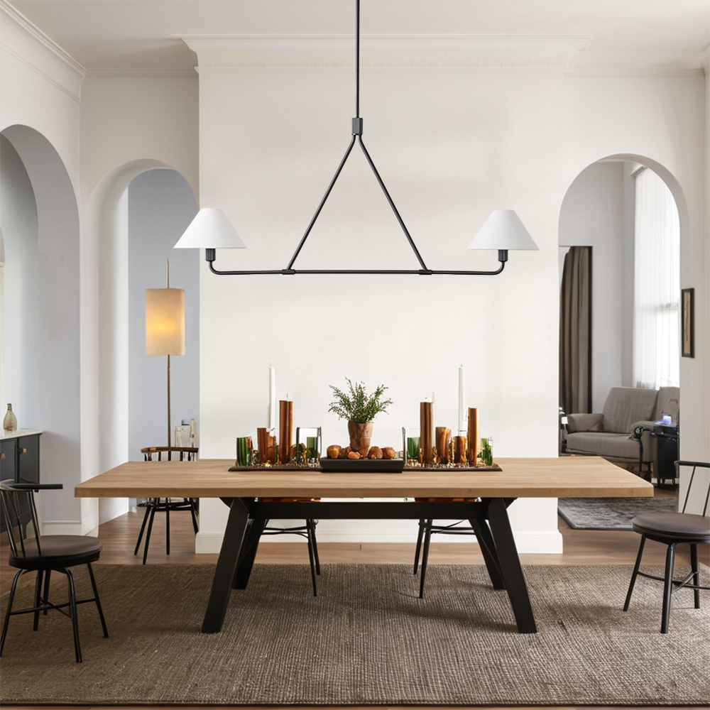 Natural Linen Pendant Light, Black Conical Light Fixture, 2-Light Ceiling Light with Tapered Shades, Ceiling Lamp for over Kitchen Island, Dining Room, Bedroom
