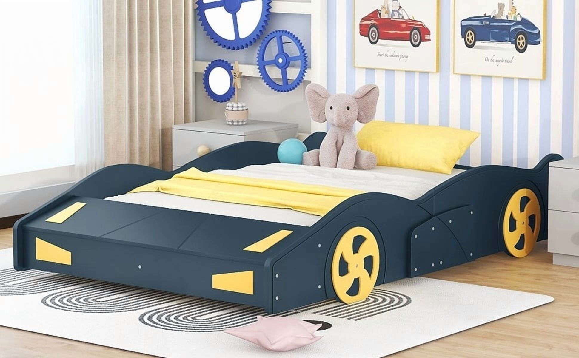 Full Size Race Car Bed with Storage & Wheels - Dark Blue+Yellow