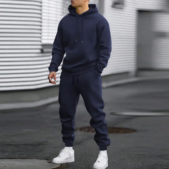 Mens 2 Piece Sweatsuit Outfits Hoodie Sweatshirt & Joggers Sweatpants Set Tracksuit Navy S