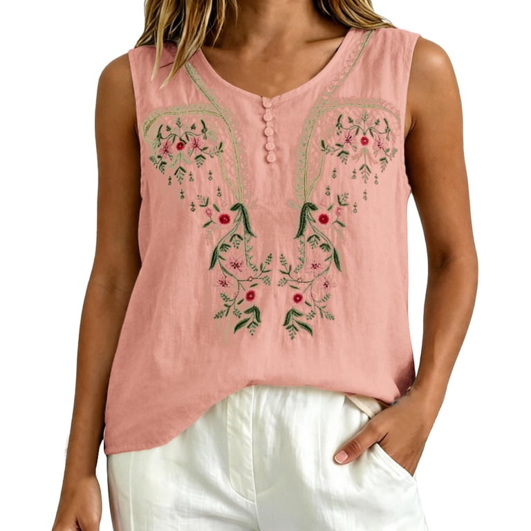 Cotton Tank Top Shirts for Women Sleeveless Trendy Embroidered