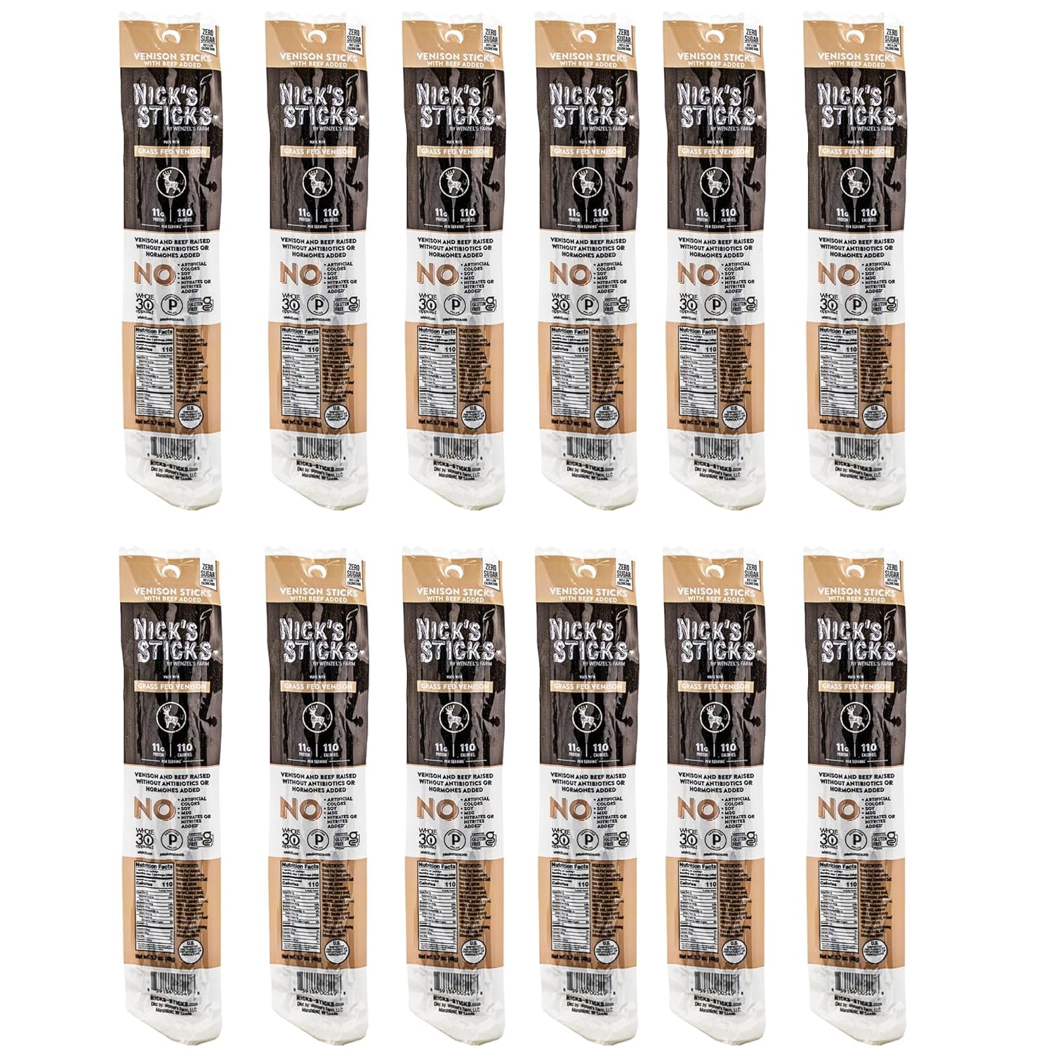 Nick’s Sticks Grass-Fed Venison Snack Sticks, Gluten Free, Keto Certified, Paleo and Whole30 Approved, No MSG, High Protein Low Carb, 12 Twin Packs (1.7 oz each)