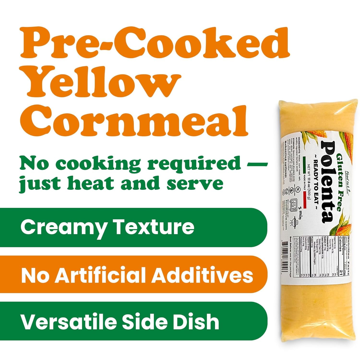 Food To Live Gluten-Free Polenta Ready To Eat, 17.6oz (500g) – Traditional Italian Pre-cooked Yellow Cornmeal, Vegan (Pack of 12)