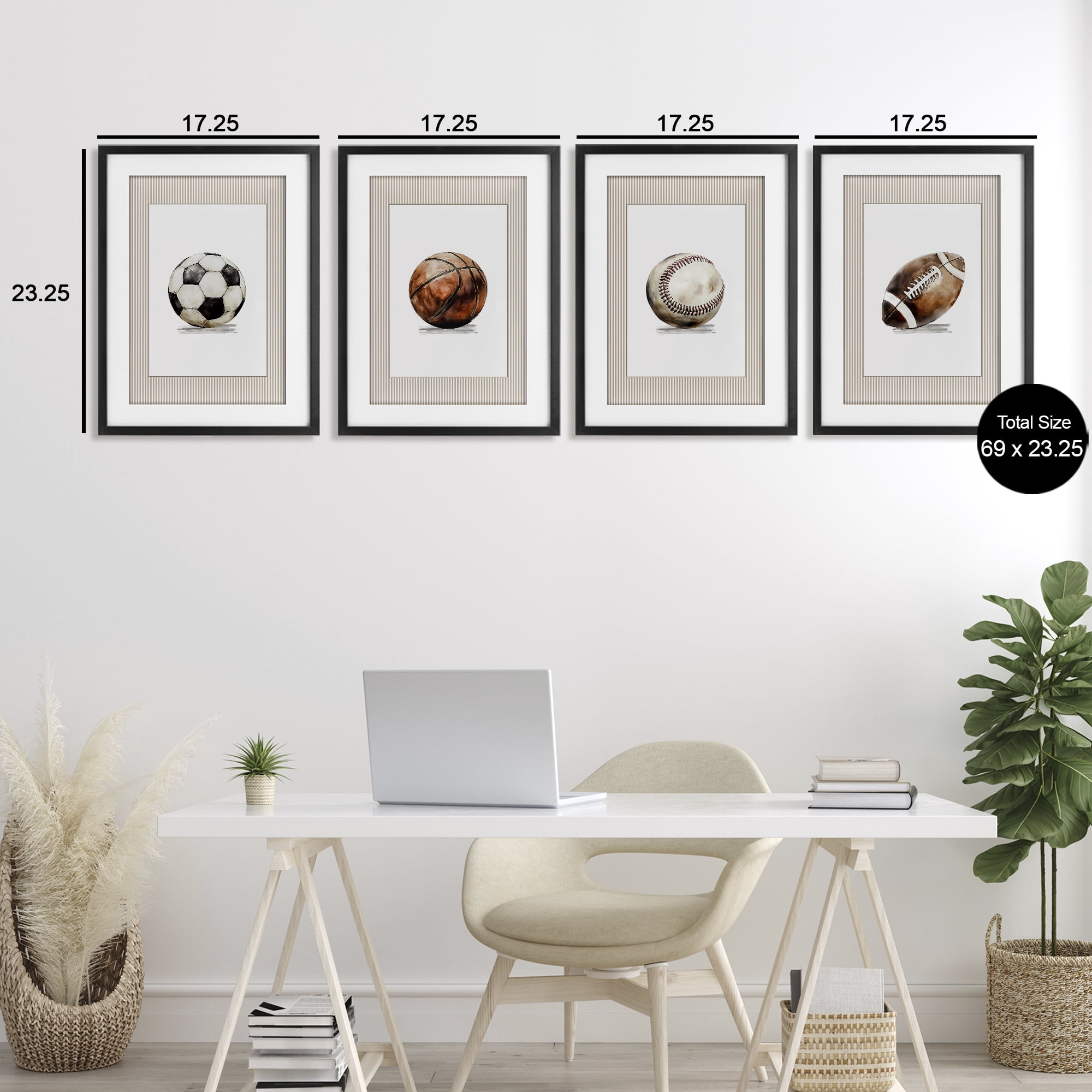 Stupell Industries Vintage Sports Beige Stripes 4 Piece Black Framed Print Under Glass Set, design by Christine Simpson Art