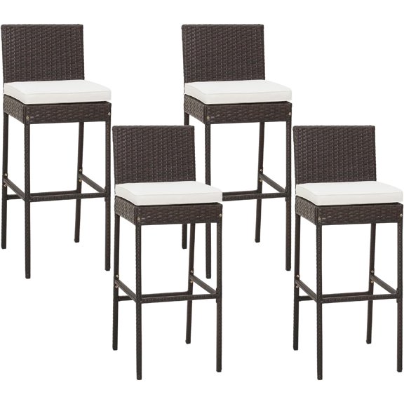 RELAX4LIFE Outdoor Bar Stools Set of 2 - Wicker Rattan Patio Barstools Tall Chairs w/Back, Footrest, Seat Cushions & Metal Frame, 400LBS Weight Capacity, 30’’ Counter Height Bar Stools (2, Mix Brown)