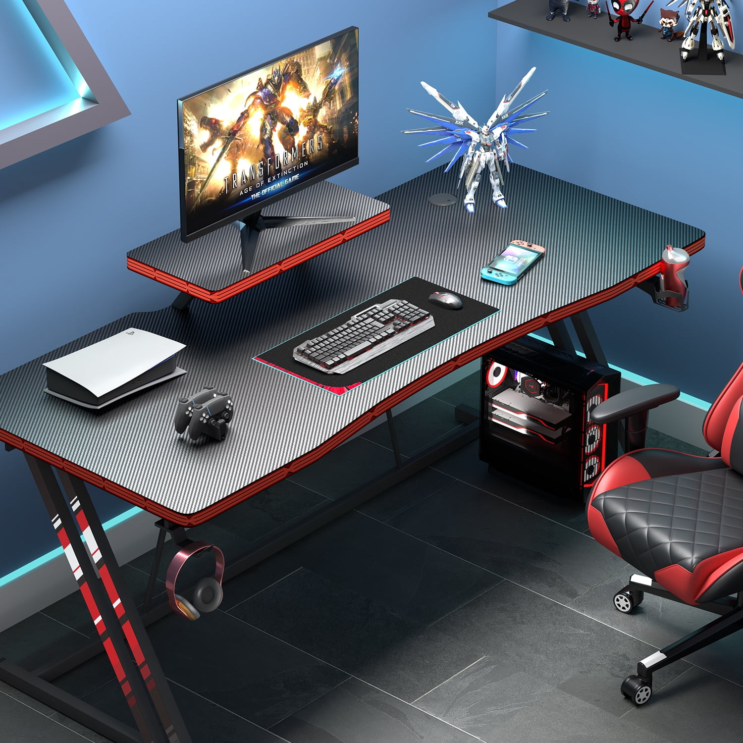 Lacoo 55 Inches Gaming Desk Home Office Desk Modern Style Computer Desk with Cup Holder Headphone Hook, Black