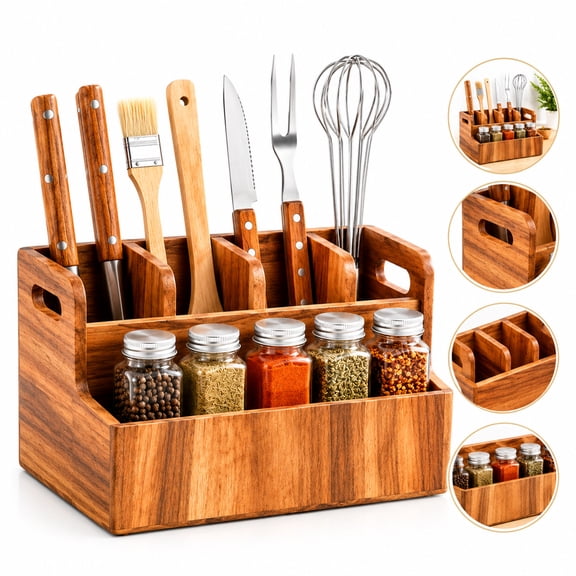 Wooden Kitchen Utensil Holder, Multi Compartment Caddy Organizer with Removable Dividers, Countertop Storage Rack for Spoons, Spatulas & Cooking Tools, Rustic