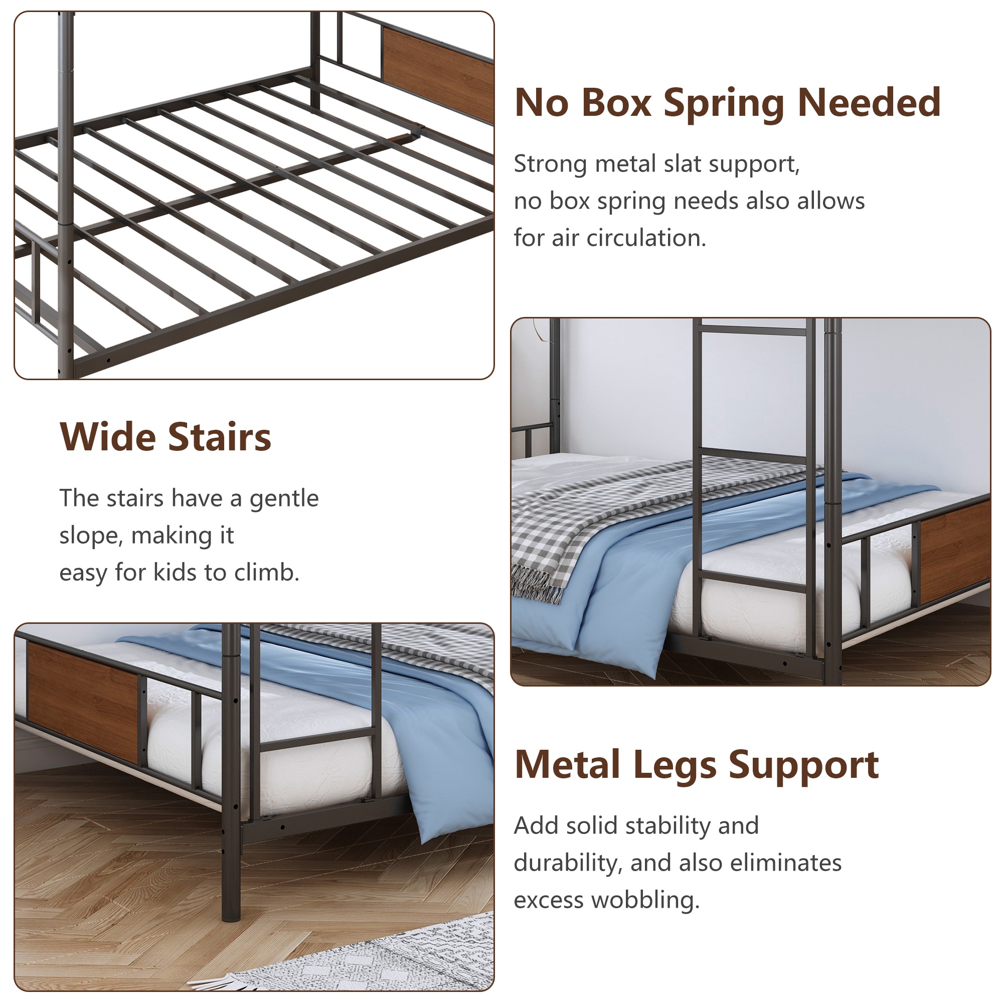 Full Over Full Bunk Beds with LED Lights and Charging Station, UHOMEPRO Metal Bunk Beds for Kids, Low Convertible Bunkbeds Full Size and No Box Spring Needed, Load-Bearing 500lb