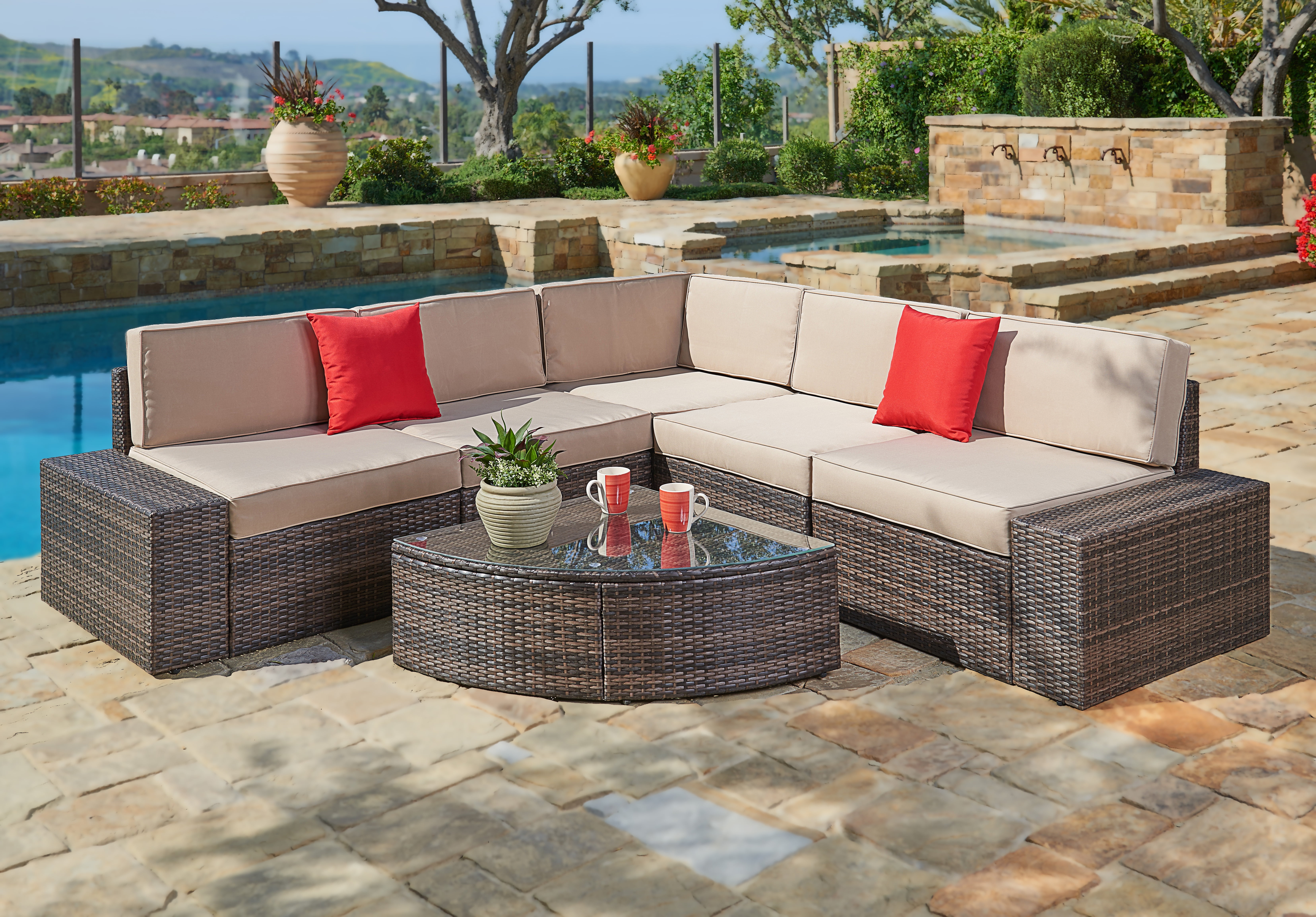Suncrown Outdoor Furniture Sectional Sofa & Wedge Table (6-Piece Set) All-Weather Brown... by Suncrown