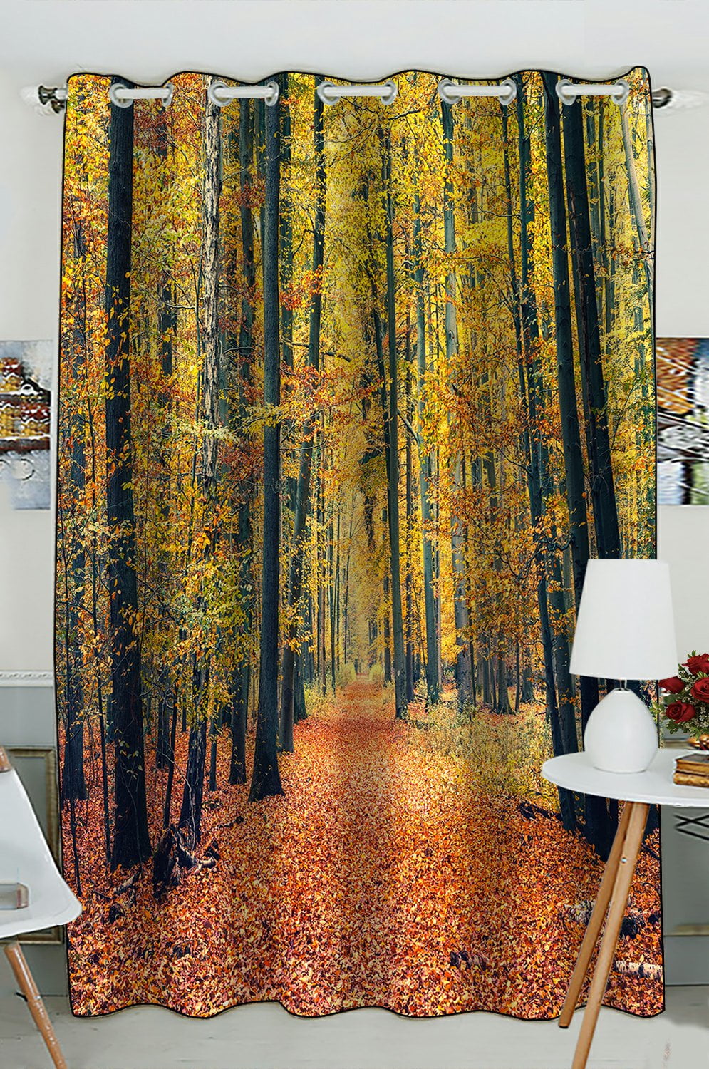 Phfzk Fall Trees Window Curtain, Landscape Of Autumn Forest Pathway In ...