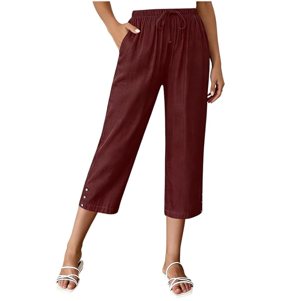 Pantalones de Cintura Elásticos de Pierna Ancha para Mujeres Trabajo Casual Pata Ancha Recortada Viaje Senderismo con Bolsillos Pantalon