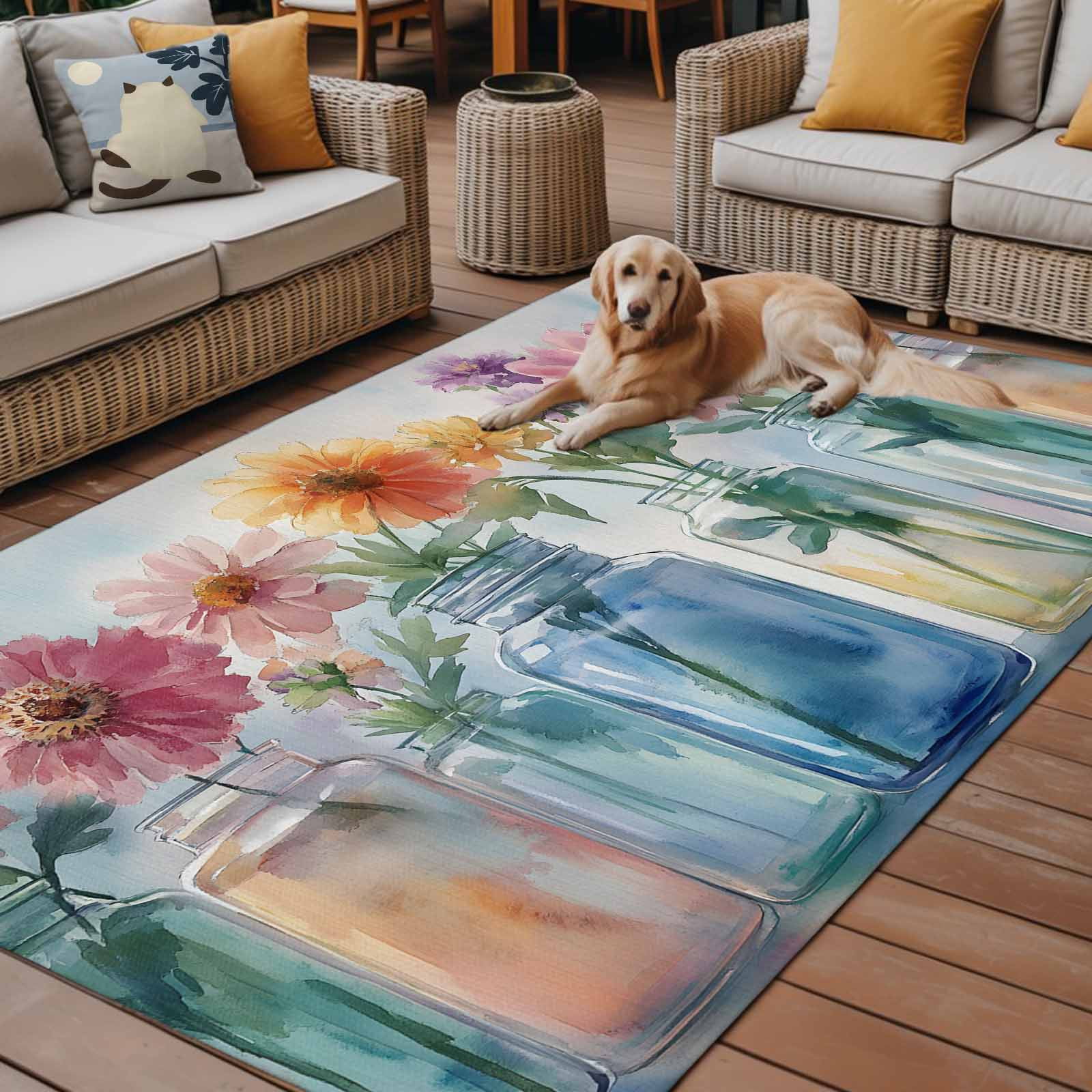 Fsddascl Colorful Flowers Outdoor Rug for Patio/Deck/Porch, Non-Slip Large Area Rug 4 x 6 Ft, Farmhouse Watercolor Spring Floral Indoor Outdoor Rugs Washable Area Rugs, Reversible Camping Rug Carpet
