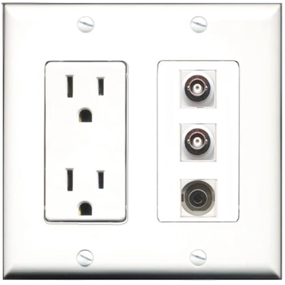 RiteAV - 15 Amp Power Outlet 1 Port 3.5mm 2 Port BNC Decorative Wall Plate