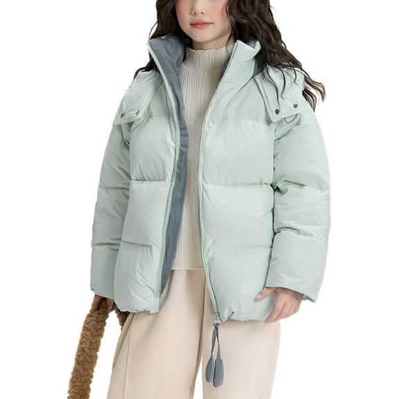 BFHHYA Girls Winter Lightweight Puffer Coat Zip-Up Stand-Collar Hooded Jacket Long Sleeve Warm Outerwear for After-School Activities 5-15Y