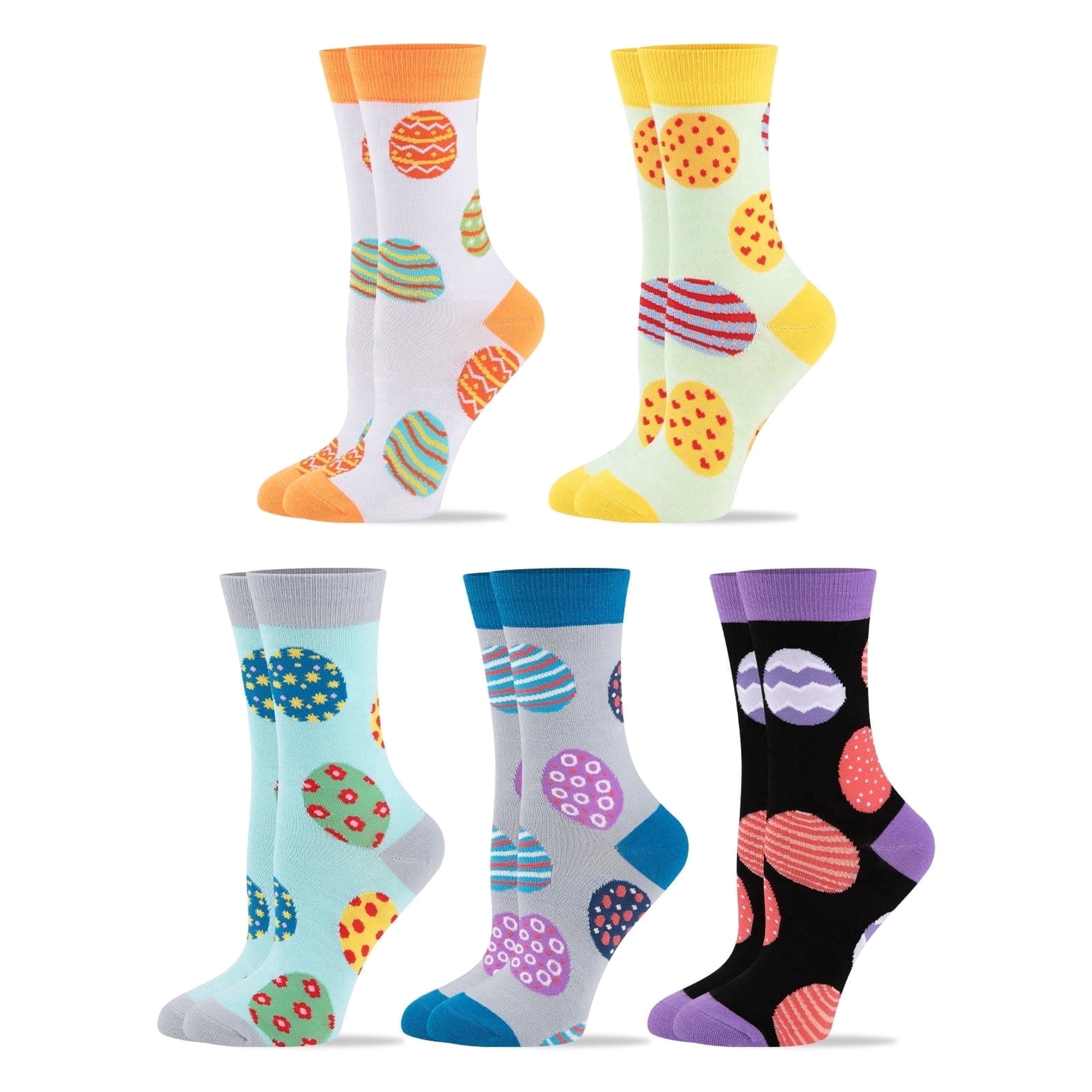 COOPLUS Womens Easter Socks Fun Multi-Colored Egg Pattern Crew Socks for Women Holiday Gifts 5 pairs