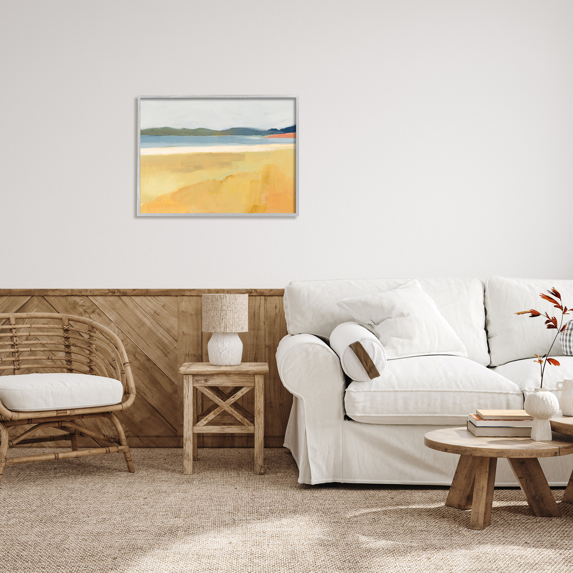 Autumn Grassy Field Lake Landscape Distant Rolling Hills 30 in x 24 in Framed Painting Art Prints, by Stupell Home Décor