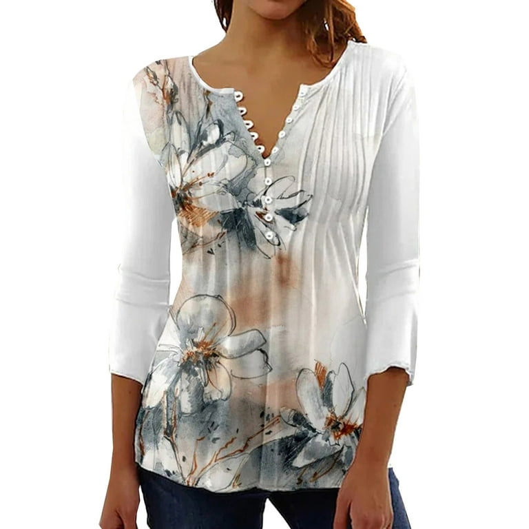 Sksloeg Womens Blouses 2023 Spring-Summer Henley Shirts Button Up