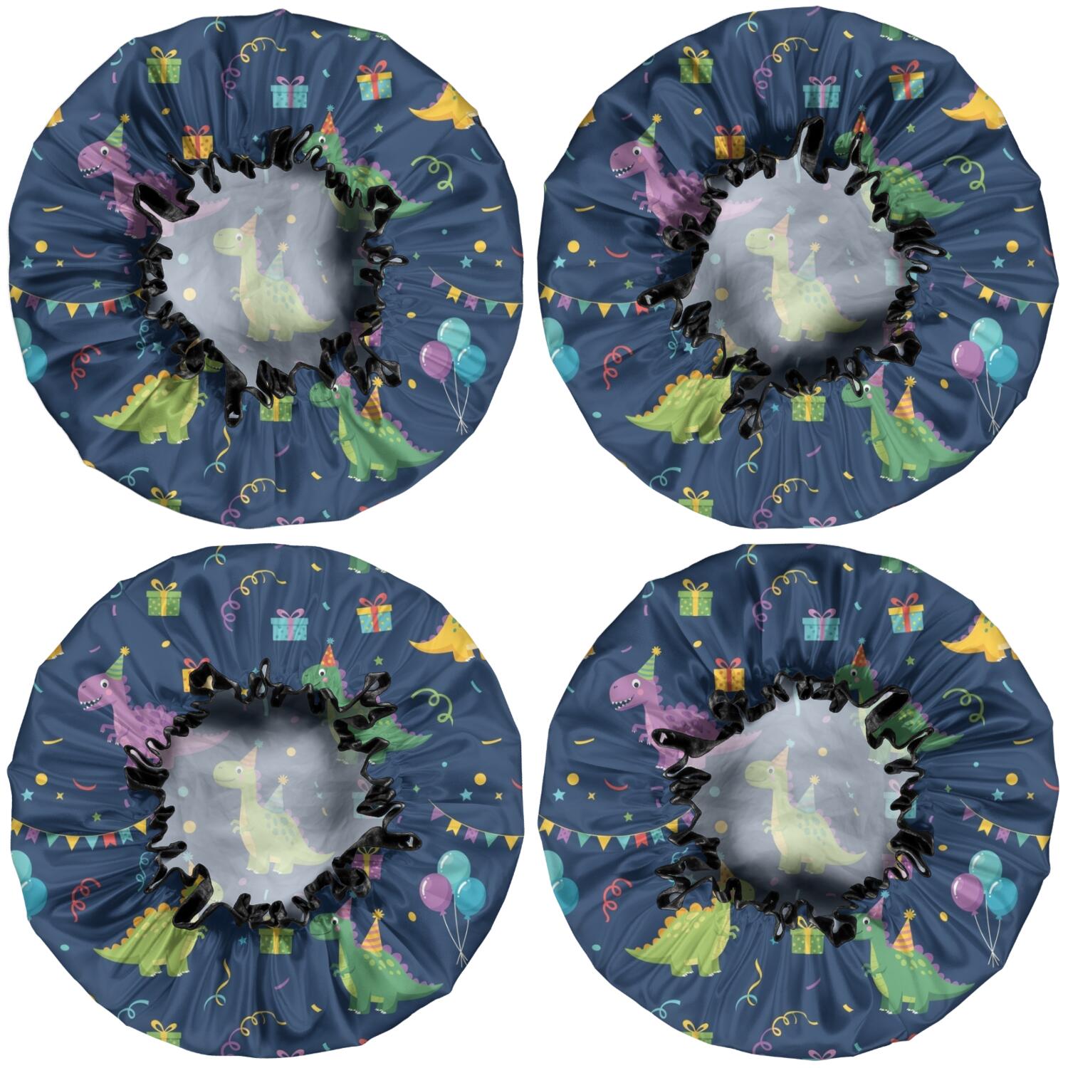 Shower Caps,DarkBlue Cartoon Dinosaurs PartyElements Pattern Waterproof Shower Cap for Women 4 Pieces,Double Reusable Hair Cover for Shower PEVA Elastic Stretch Hem