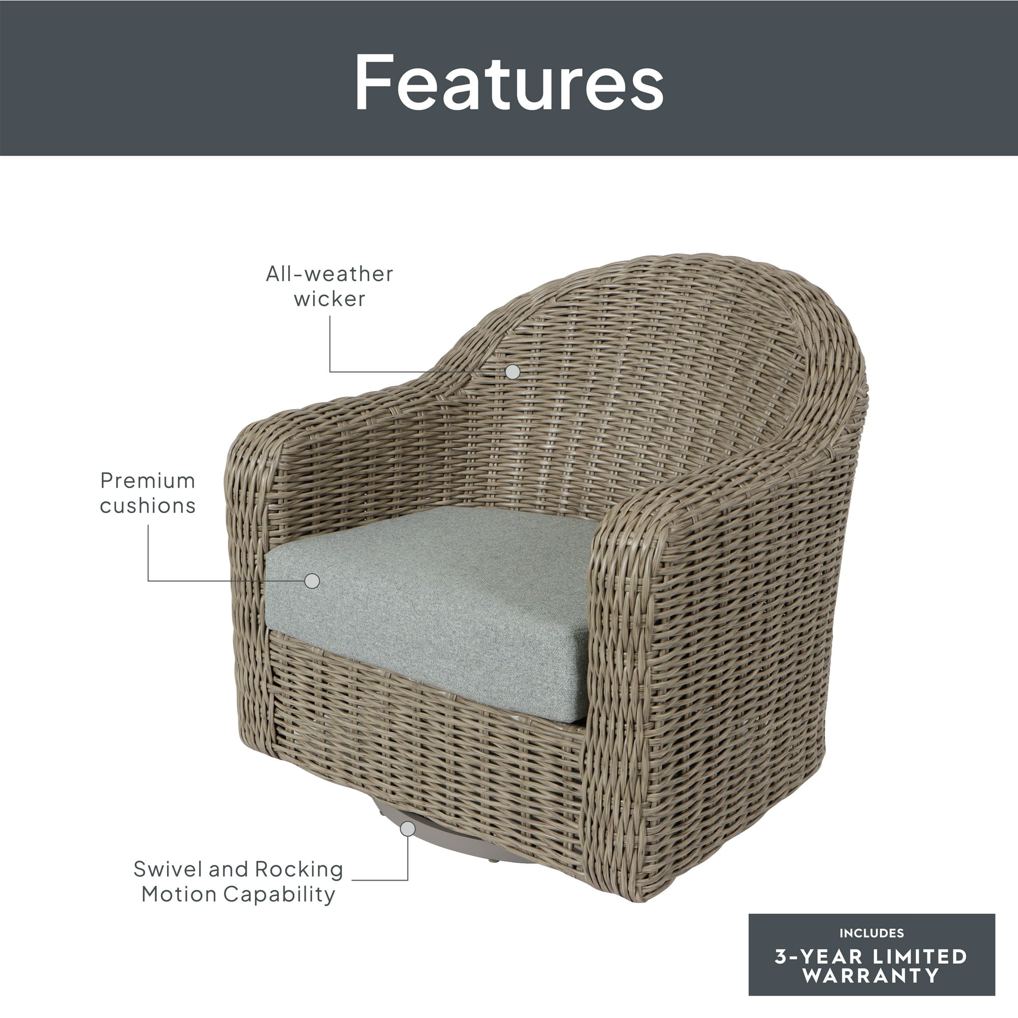 Better Homes & Gardens Bellamy Wicker Outdoor Swivel Lounge Chair with Cushion and Protective Cover, Grey