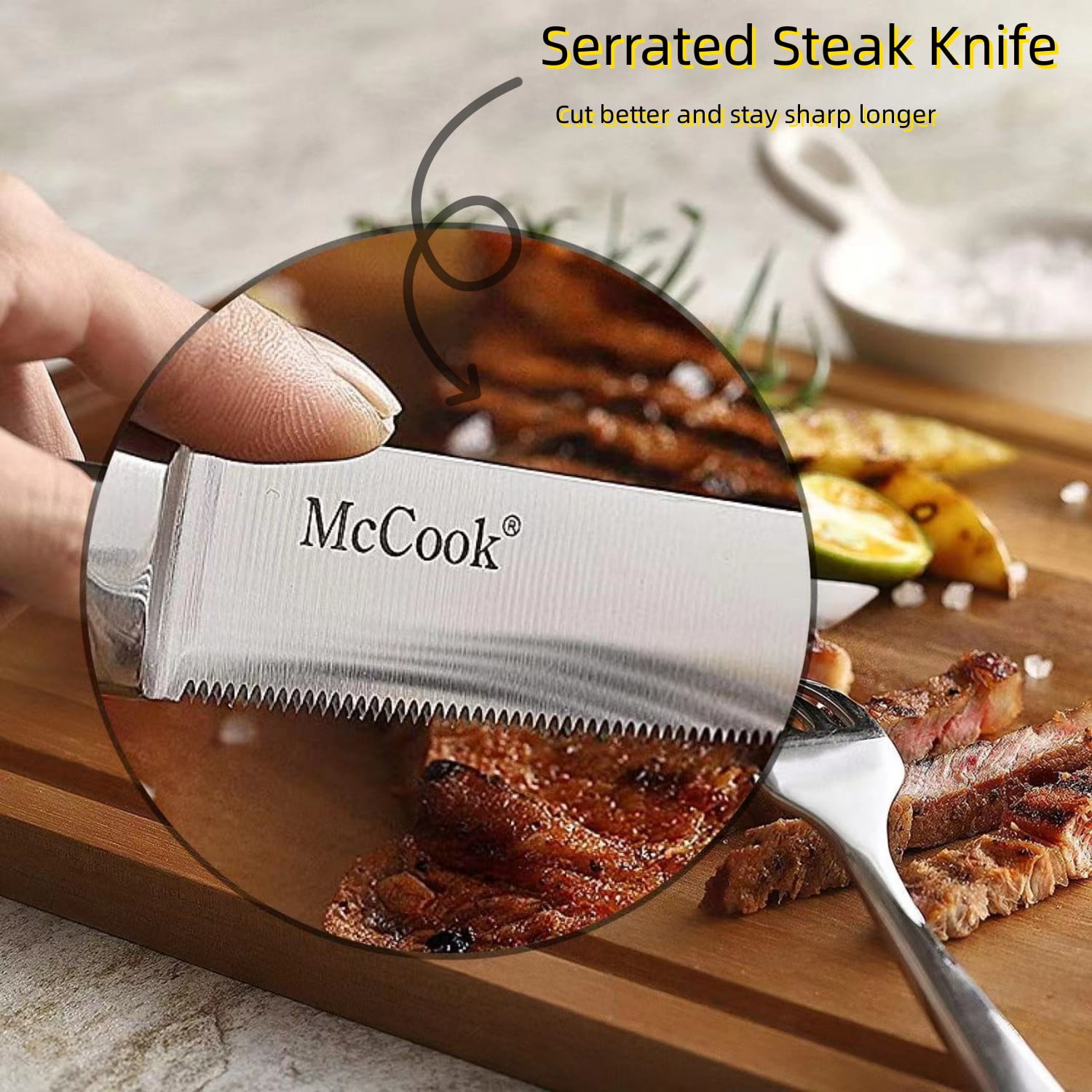 McCook MC59B Steak Knives Set of 6,4.5 Inch Non-stick One-piece Stainless  Steel Steak Knives Sets,Black