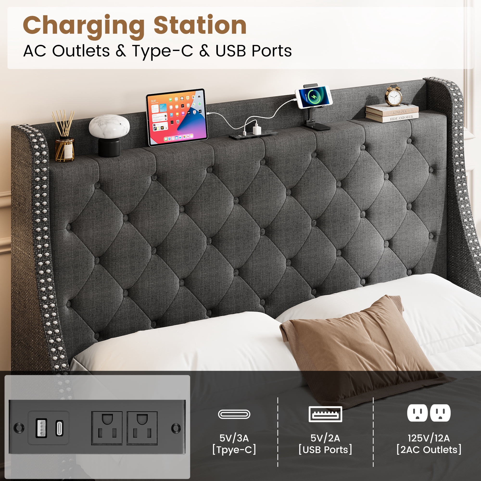 JoanKaren Queen Bed Frame,Luxury Upholstered Platform Beds with Charging Station,4 Storage Drawers&Adjustable Headboard,Easy Assembly,Gray