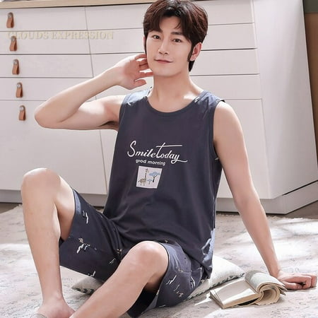 

QWZNDZGR Summer Men Pyjamas Knited Cotton Plaid Pajamas Set Casual Sleeveless Sleepwear Pyjamas Night Pijamas Plus Size 4XL Home Suits