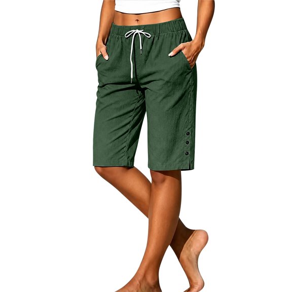 Women's Linen Blend Knee Length Shorts Elastic Waist Loose Casual Walking Shorts with Pockets Side Button Detail Summer by Yigetop Blackish Green L