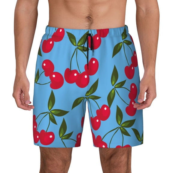 Kdxio Cherry Print Men'S Swim Trunks With Compression Liner 7 Inch Inseam Quick Dry Swim Shorts