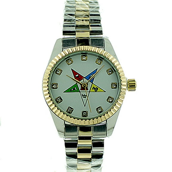 Order of the Eastern Star Masons Watch OES Symbol DuoTone Gold Steel White CZ